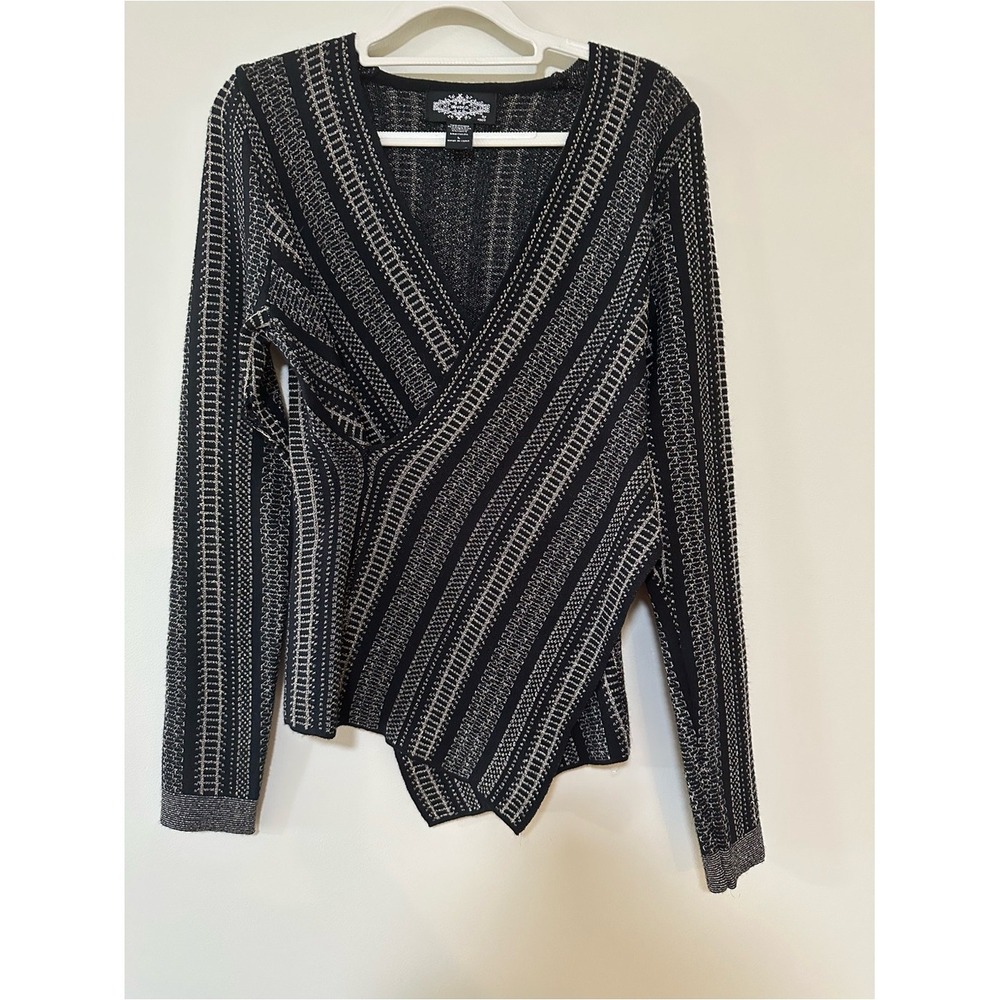 Metallic Holiday Chic Oliver By Escio Wrap Sweater Large Black Silver Striped
